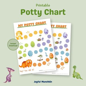 May include: A printable dinosaur-themed potty training chart with colourful circles to mark progress. The chart features a dinosaur, a triceratops, and an egg. The text "My Potty Chart" and "Yay! You did it!" is included.