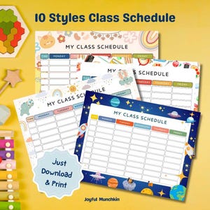 Può includere: Una collezione di modelli di orari scolastici colorati con vari temi, tra cui gatti, arcobaleni e spazio. Il testo "10 Styles Class Schedule" e "My Class Schedule" sono visibili. È presente anche la frase "Just Download & Print".