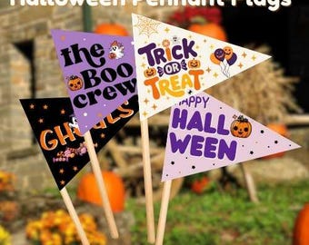 Halloween Pennant Flags Printable – Kids Party Banner PDF, DIY Halloween Decorations, 8 Flag Set, Instant Download, 4 Page PDF Printables