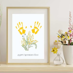 Printable Happy Mother’s Day Baby Hand Print Keepsake, Gift to Mom From Baby, Yellow Flower Toddlers Handprint, DIY Mother&#39;s Day Craft Gift