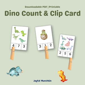 Carte con i dinosauri e le clip, carta con clip dinosauri stampabile, carte di abbinamento numeri, matematica Montessori, abilità motorie fini, download immediato PDF