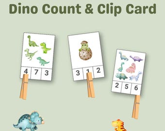 Dinosaur Count And Clip Cards, Printable Dino Clip Card, Number Matching Cards, Montessori Math, Fine Motor Skill, Instant Download PDF