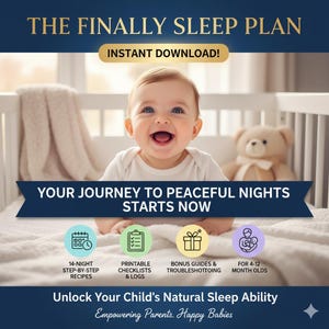Può includere: Annuncio digitale per "The Finally Sleep Plan" con un bambino sorridente in una culla. L'annuncio include testo come "Download istantaneo!" e "Il tuo viaggio verso notti tranquille inizia ora". Le icone evidenziano funzionalità come ricette, liste di controllo e guide.