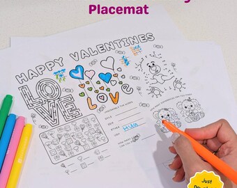 Napperon d'activité pour enfants Saint-Valentin imprimable, napperon à colorier pour la Saint-Valentin, activité en classe Saint-Valentin, téléchargement immédiat au format PDF