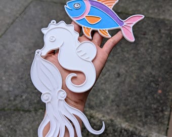 Sea Animal Coloring Kit Party Favors, 3D Printed Ocean Kids Craft, DIY Paint Activity, Birthday Goodie Bag, Squid Seahorse Fish, Set of 3