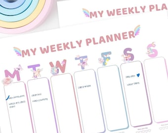 Agenda settimanale per bambini con unicorno, programma settimanale per bambini, agenda unicorno per bambini, diario di riflessione stampabile per bambini, download immediato in PDF