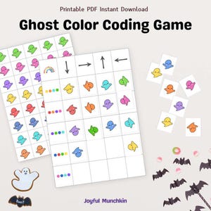 May include: Printable PDF game with the text "Ghost Color Coding Game." The game features colorful ghost illustrations and directional arrows. Additional elements include ghost-shaped game pieces, a ghost-shaped cookie, and bat decorations.