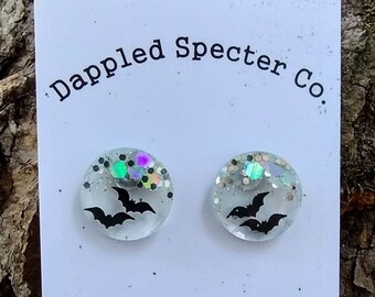 Batty Holographic Stud Earrings- Spooky Bats- Fun Lightweight Earrings- Resin/Stainless Steel