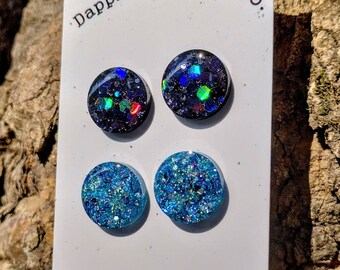 2 Pair Black Holographic Glitter & Blue Holo Iridescent Glitter- Stud Earrings- Fun Lightweight Earrings- Resin/Stainless Steel