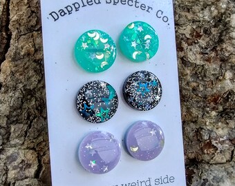 3 Pair Glitter Star Moon Stud Earrings- Fun Lightweight Earrings- Resin/Stainless Steel