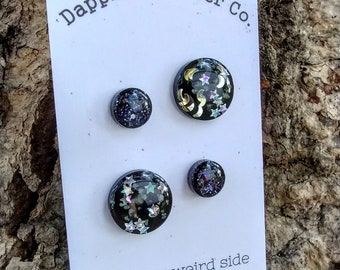 2 Pair GLOW Moon and Stars Stud Earrings- Glow in the dark, UV Reactive Jewelry, Fun Lightweight Earrings- Resin/Stainless Steel