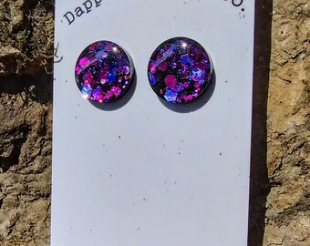 Black Stud Earrings with Color Shift Glitter- Super Sparkly- Fun Lightweight Earrings- Resin/Stainless Steel