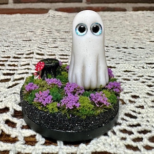 Polymer Clay Ghost, diorama, Spooky home decor, Whimsical Woodland Fairycore, adopt a ghost, Ghosts, Ghost Diorama