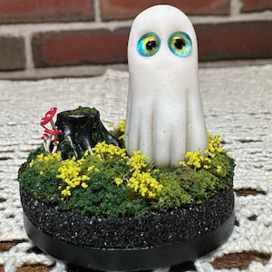 Polymer Clay Ghost, diorama, Spooky home decor, Whimsical Woodland Fairycore, adopt a ghost, Ghosts, Ghost Diorama