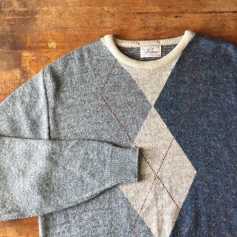 L Vintage Men/'s Indigo /& Chambray Blue Argyle Pullover Sweater