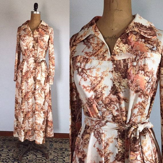 Vintage 1970s French Toile Countryside Print Maxi