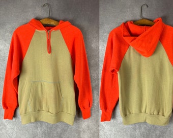 Vintage 1970s Khaki + Red Quarter Zip Two-Tone Hoodie Sweatshirt (S)