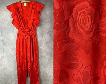 Vintage 1980s Red Jumpsuit, Ruffle Bodice Rose Print 80s (xs)