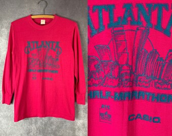 Vintage 1980s Atlanta Half-Marathon T-shirt, 80s LS Hot Pink Runners Tee (xs)