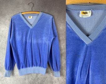 Vintage 1970s Lavender Blue Velour V-neck Pullover Shirt (S-men)