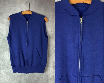 Vintage 1980s Navy Blue Sleeveless Zip Front Sweatshirt (s/m)