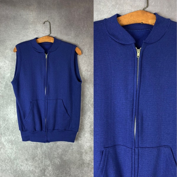 Vintage 1980s Navy Blue Sleeveless Zip Front Sweatshirt (s/m)