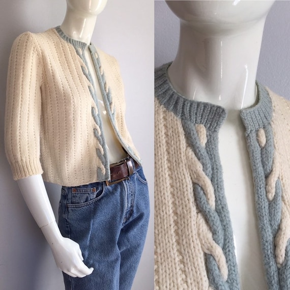 1950s Cardigan / Vintage 50s Hand Knit Cream + Sof