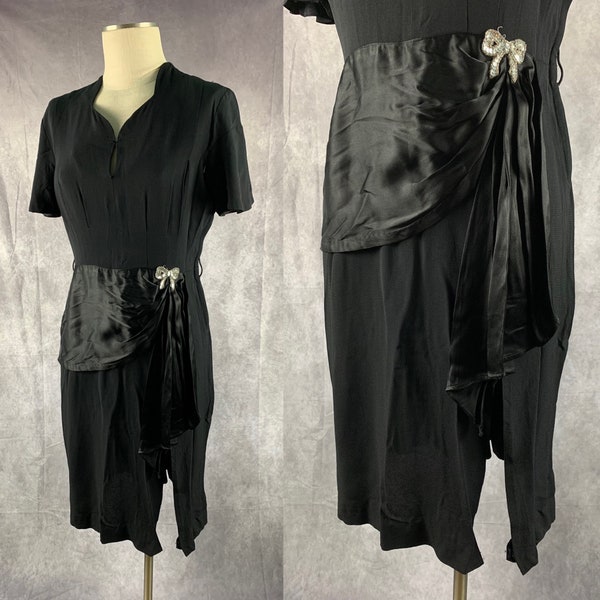 1940s Dress Vintage 40s Black Rayon Satin Sequin Bow Detail Film Noir Vamp Dress (S/M)