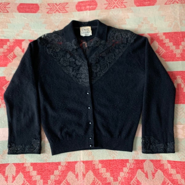 Vintage 1950s Black Sweater 50s Cashmere & Sheer Fishnet Floral Lace Cardigan (S)