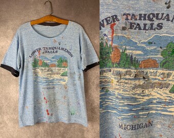 Vintage 70s 80s Tahquamenon Falls Thrashed Artist Paint Splatter T-shirt