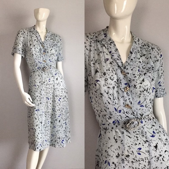 1940s Rayon Dress / Vintage 40s Light Blue Floral