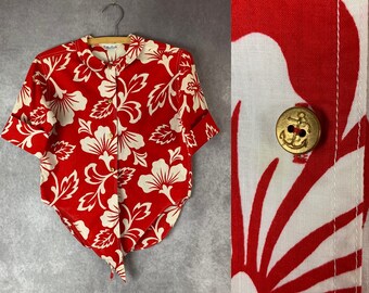 Vintage 60s Bobbie Brooks Red Tropical Tie Front Blouse (S)