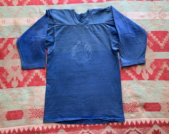 Vintage 1960s Faded Indigo Blue Indian Head Cotton Jersey T-shirt - Distressed (XS)