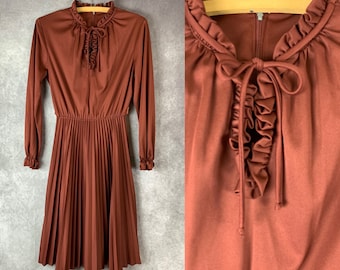 Vintage 1970s Slinky Keyhole Ruffle Neck Pleated Dress, Spice Color (S)