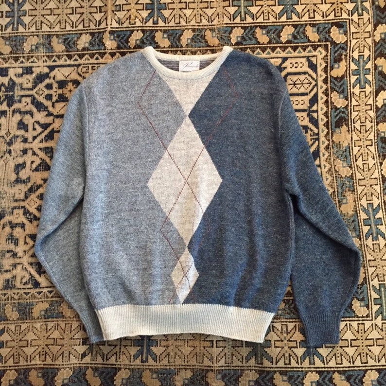 L Vintage Men/'s Indigo /& Chambray Blue Argyle Pullover Sweater