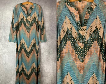 Vintage 1970s Long Sleeve Geometric Print Maxi Dress (xs)