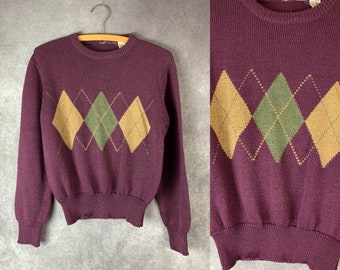 Vintage 1970s 80s Plum Argyle Pullover Sweater (S)