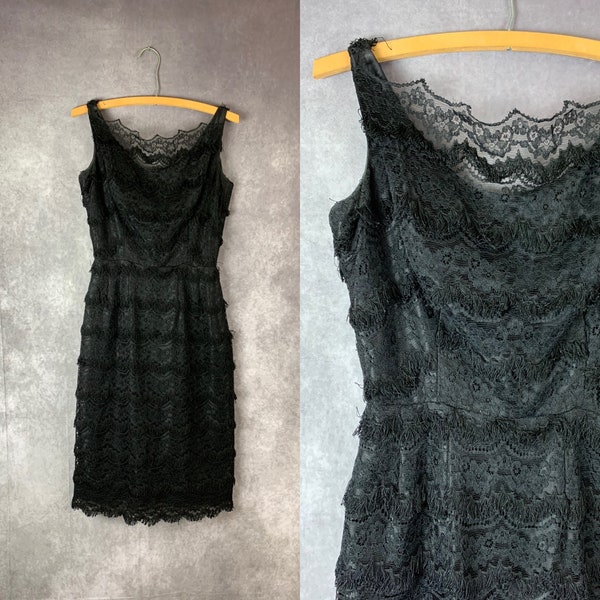 Vintage 1950s 60s Black Lace Fringe Wiggle Dress (xs)