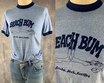Vintage 80s Aruba Beach Bum T-shirt 1980s Ringer Barefoot Crab Destination Tee (XS/S)