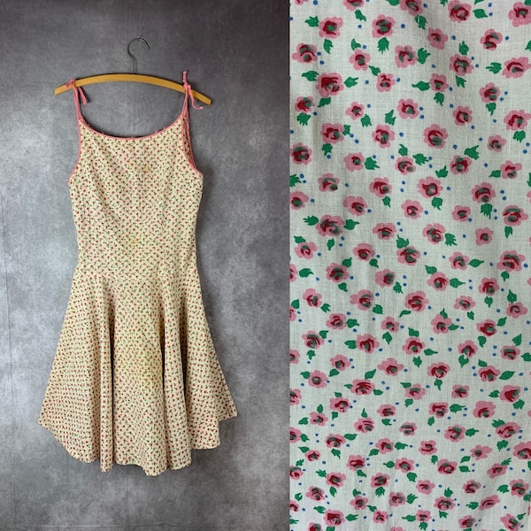 Vintage 40s 50s Pink Floral Print Cotton Dress Sundress (xs)