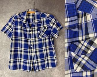 Vintage 1950s Blue Plaid Cotton Blouse, 40s 50s Short Sleeve Shirt