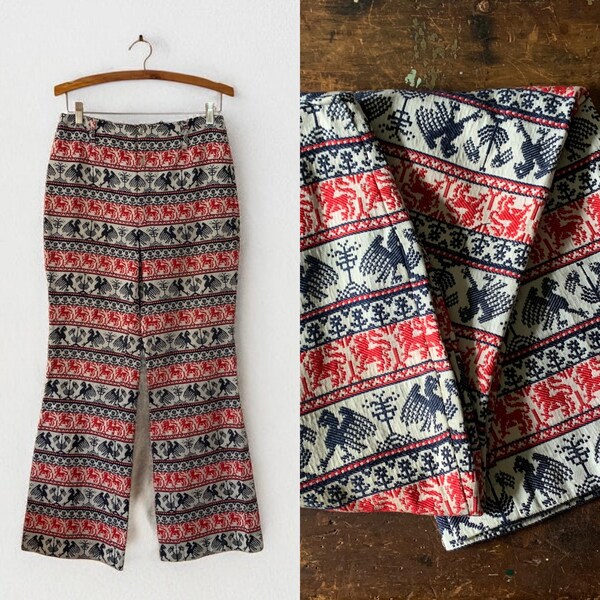 Vintage 1960s 70s Woven Cotton Bird + Floral Motif Flare Leg Pants 28/29