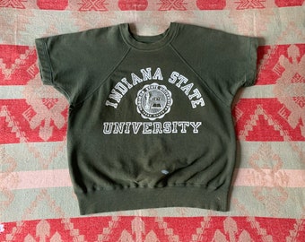 Vintage 1960s Champion Indiana University Sweatshirt 60s Olive Green Short Sleeve IU (XS/S)