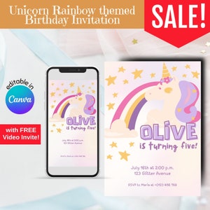 Unicorn 5th birthday party invitation for girls Rainbow party favor for kids Magical Unicorn birthday party