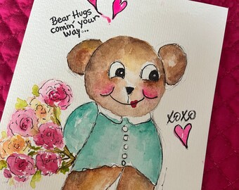 Cuddly Little Bear hand painted watercolor collectors card, "Bear hugs comin' your way." 20 % of this sale goes toward Childhood cancer