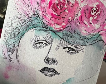 Easter hand painted watercolor blank card, Lady in Easter Bonnet, impressionistic  roses on hat, Give back 20% with purchase to charity