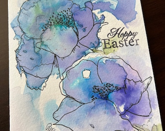 Easter  blank hand painted card, not a print, blue and lavender floral, give back 20% to childhood charity.