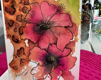 Leopard and Hibiscus Original watercolor hand painted blank card Jungle tropical theme. 20 percent of purchase donated to charity