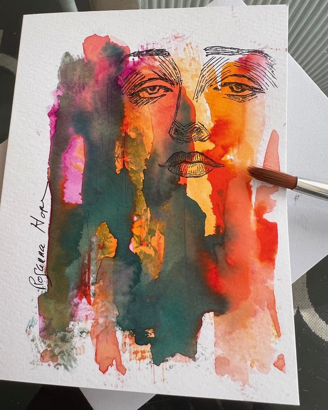 I am on Fire for You!  abstract original watercolor and inking blank card, , Give back 20% of purchase to charity