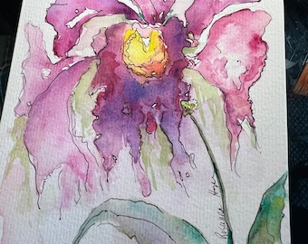 Tropical original watercolor orchid blank note card, Get well, Happy Birthday, just say HI, Give back 20% to charity with purchase
